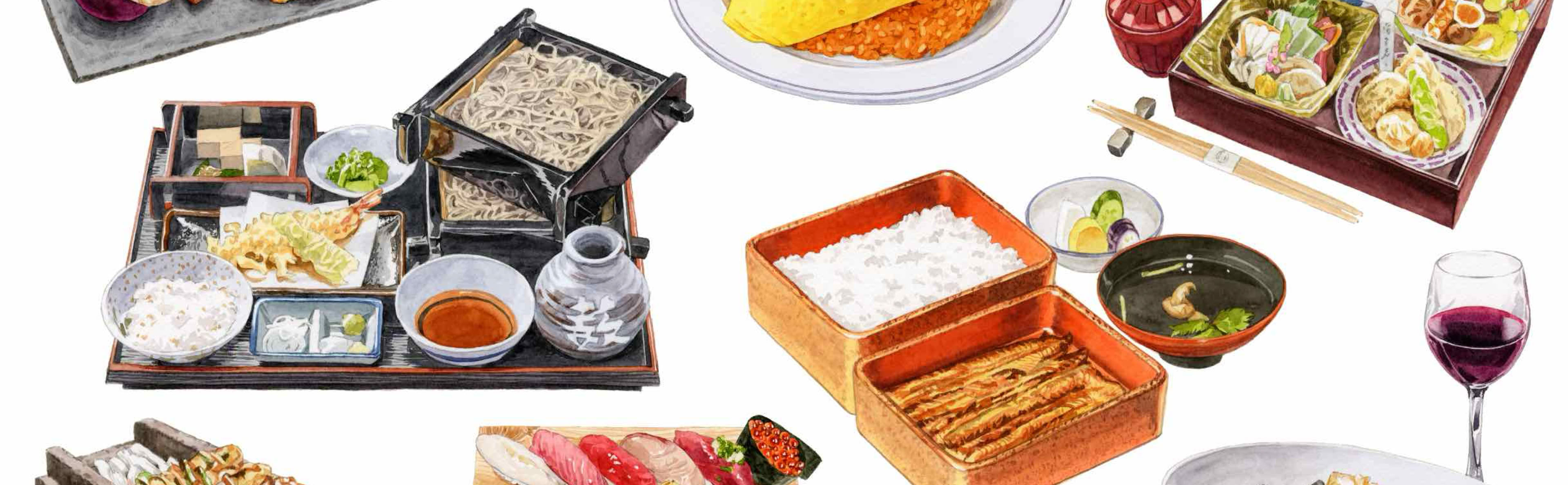 イラスト たいめいけん , 藪伊豆総本店 , 日本橋滋乃味 , 京橋伊勢廣本店 , 吉野鮨本店 , 日本橋ゆかり , 美國屋 , ビストロ グリルシャトー