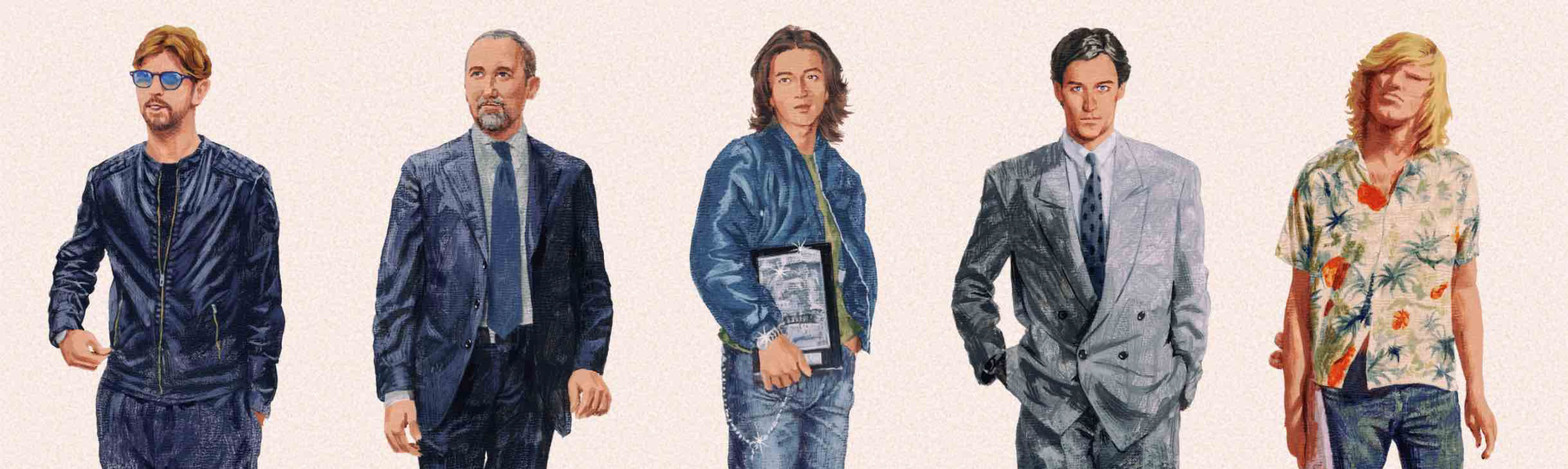1970年代 サーファースケーター , 長髪 , ベルボトムジーンズ , スリッポンスニーカー , 1980年代 ソフトスーツスタイル , ダブルスーツ ,  1990年代アメカジ MA-1 , ビンテージ . エンジニアブーツ , ウォレットチェーン , 2000年代イタリアンスーツ , 2010年代 セレブファッション , リバイバル , スウェット
