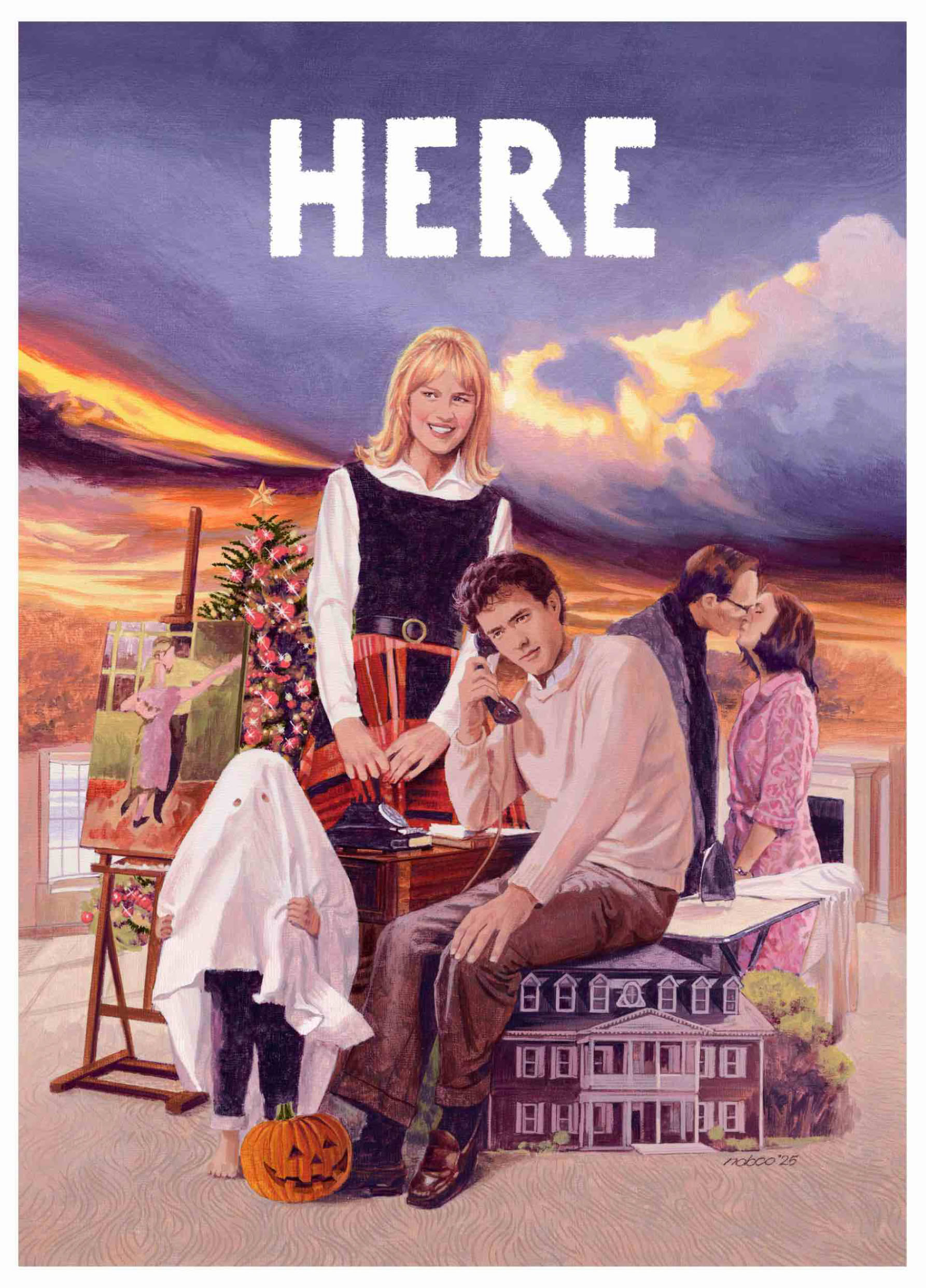 イラスト『HERE 時を越えて』監督ロバート·ゼメキス , トム·ハンクス , ロビン·ライト , ポール·ベタニー , ケリー·ライリー　イラストレーション うえむらのぶこ　Illustration Nobuko Uemura