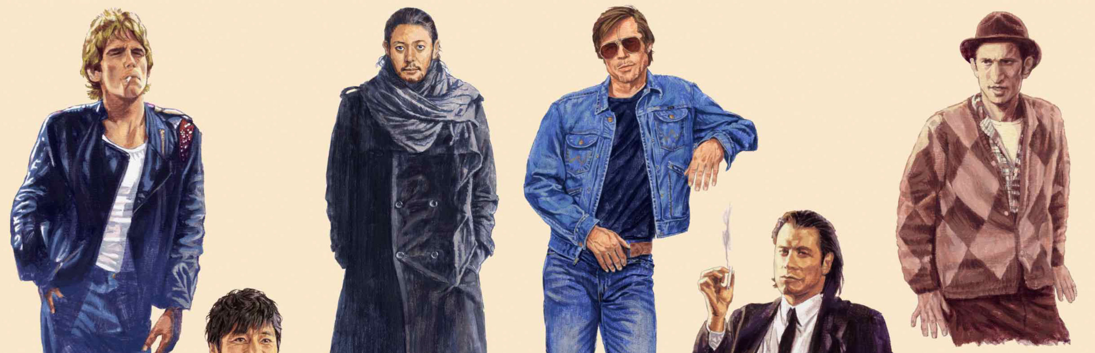 イラスト「 ワンス・アポン・ア・タイム・イン・ハリウッド（ ブラッド・ピット）」「パルプ・フィクション（ジョン・トラボルタ）「ストレンジャー・ザン・パラダイス（ジョン・ルーリー）」「ランブルフィッシュ（マット・ディロン）」「悲夢（オダギリ・ジョー）」「きのう何食べた？西島秀俊」イラストレーション うえむらのぶこ