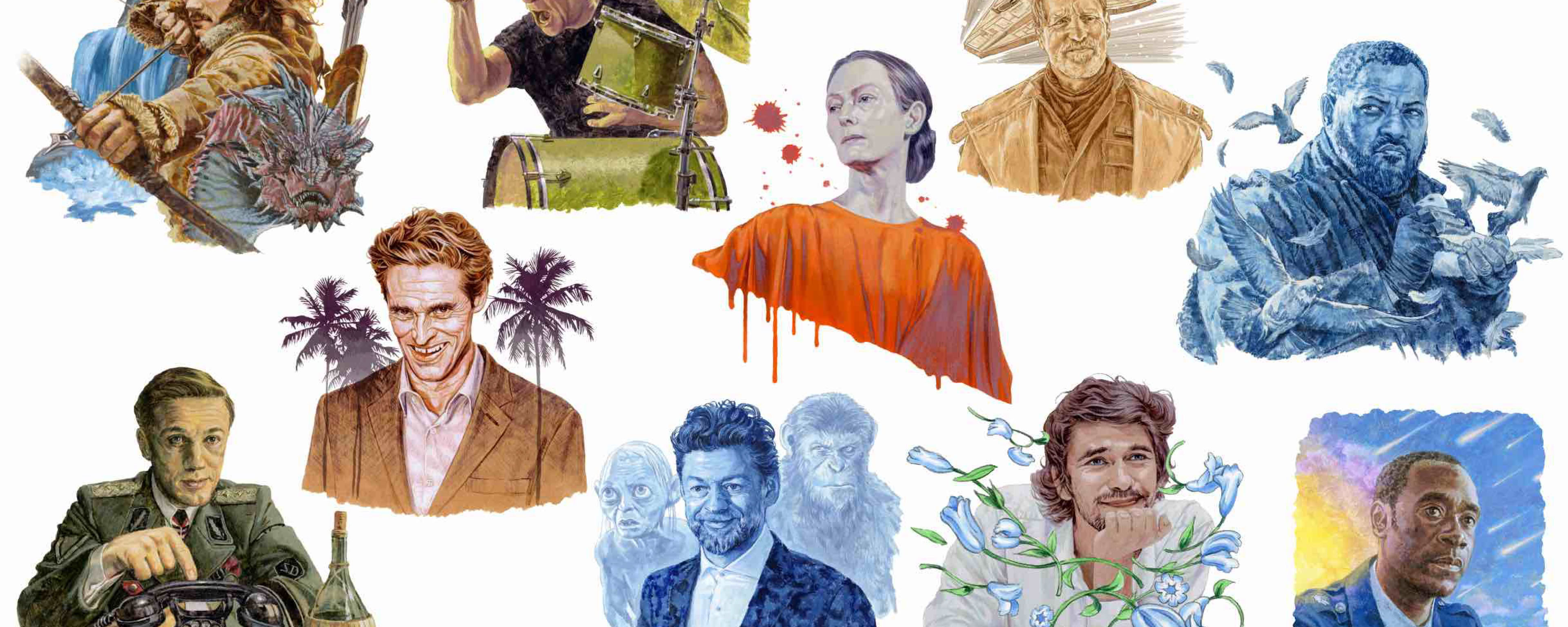 イラスト  「ホビット（ルーク・エヴァンズ）」 「ジョン・ウィック（ローレンス・フィッシュバーン）」 「アリータ：バトル・エンジェル（クリストフ・ヴァルツ）」 「スター・ウォーズ（ウッディー・ハレルソン）」 「アイアンマン（ドン・チードル）」 「サスペリア（ティルダ・スウィントン）「ロード・オブ・ザ・リング ,  猿の惑星：創世記（アンディ・サーキス）」 「メアリー・ポピンズ リターンズ（ベン・ウィショー）」 「フロリダ・プロジェクト 真夏の魔法（ウィレム・デフォー）」 「セッション（J.K. シモンズ）」