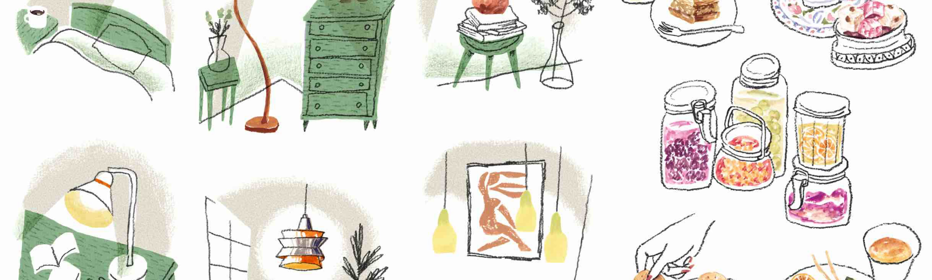 イラスト テーブルランプ , フロアランプ , ウォールランプ , ペンダントライト , 金属のシェード , デスクライト /「世界各国のお茶とお茶菓子」ハーブティ＆バクラヴァ（ギリシャ） , トルココーヒー＆ロクム（トルコ） , ミルクティ＆ビスケット（イギリス） , オミジャ茶＆チョングァ（韓国） ,  手作りジャムのパントリー