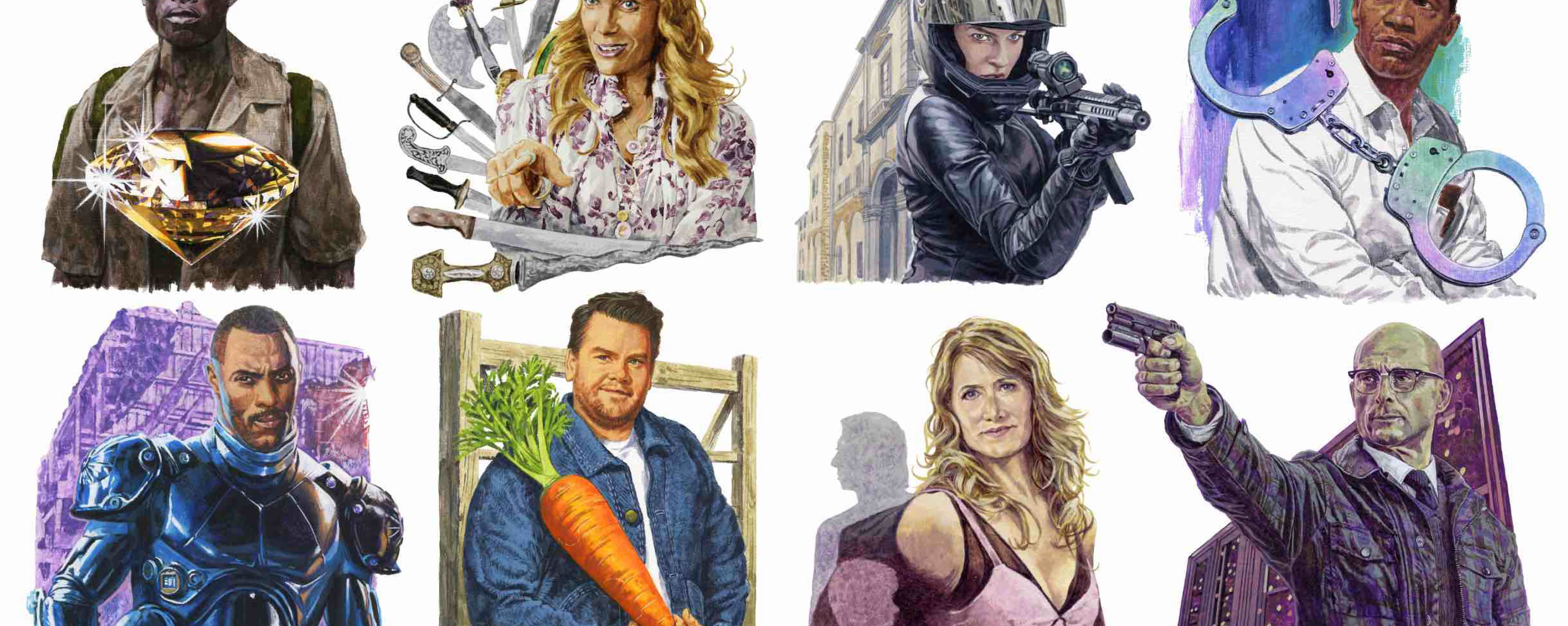 イラスト 「ピーター·ラビット（ジェームズ·コーデン）」「パシフィック·リム（イドリス·エルバ）」 「ナイブズ·アウト／名探偵と刃の館の秘密（トニ·コレット）」 「007（レベッカ・ファーガソン）」 「ブラッド·ダイヤモンド（ジャイモン·フンスー）」 「キングスマン（マーク·ストロング）」 「黒い司法 0%からの奇跡（ジェーミー·フォックス）」 「マリッジ·ストーリー（ローラ·ダーン）」