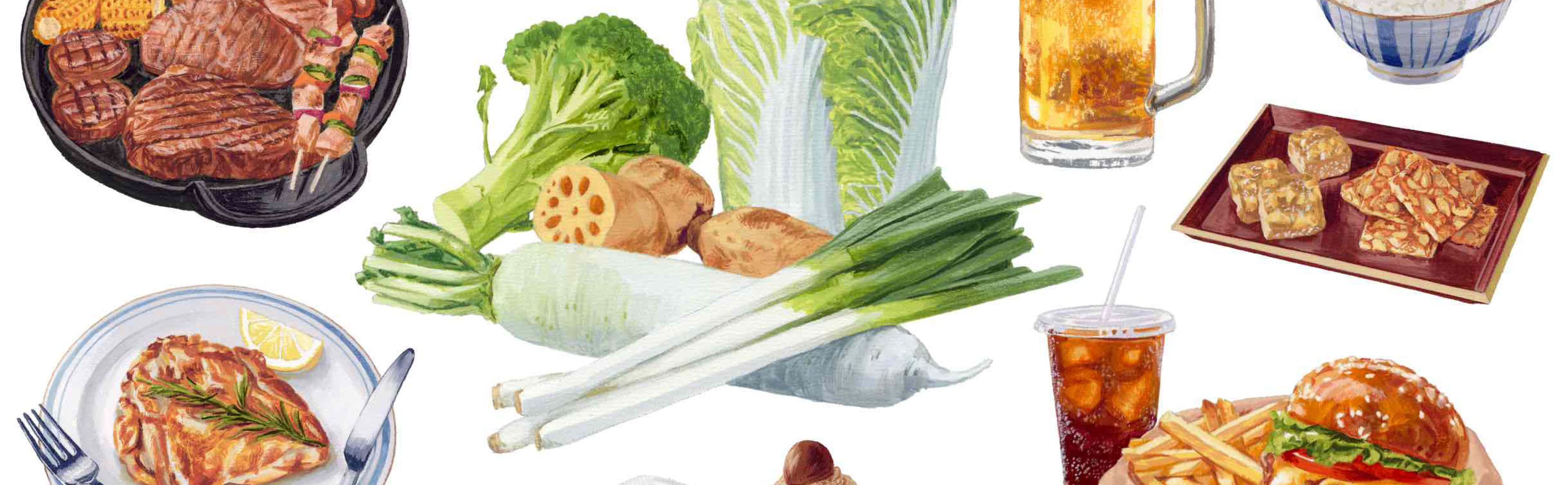 イラスト 白菜 , 大根 , 長ネギ , レンコン , ブロッコリー , バーベキュー , 飛騨娘 , くるみゆべし , 鶏もも肉のソテー , ビール , 大福 , モンブラン , 白ご飯 , ハンバーガー