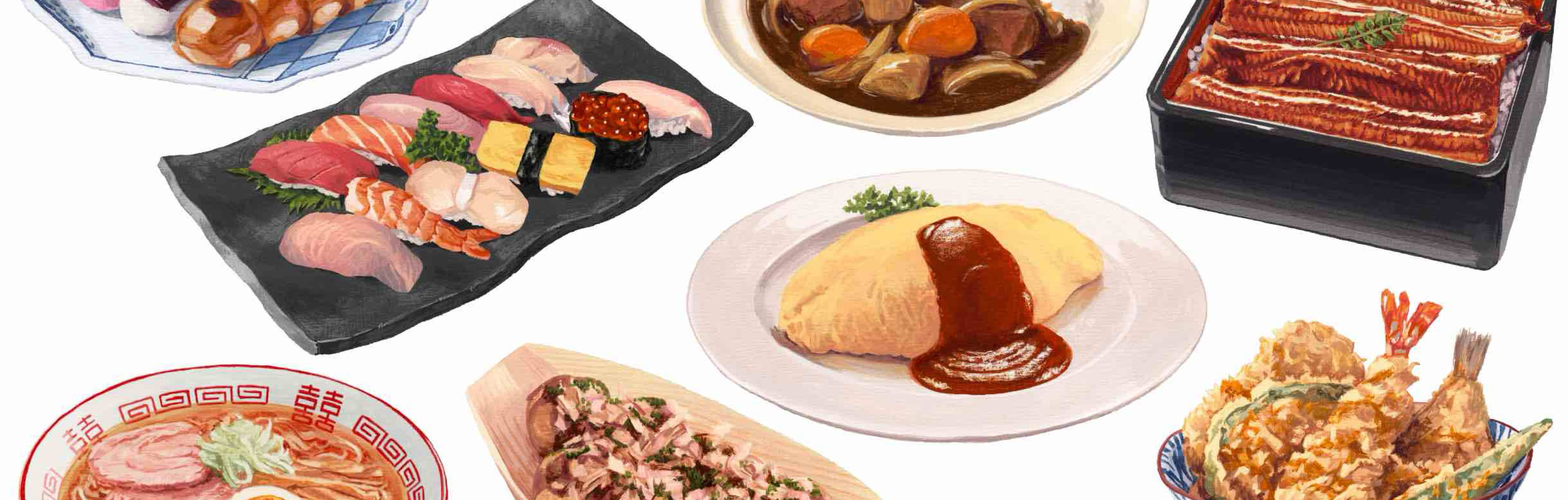 イラストオムライス , うな重 ,  天丼 , 寿司 , ラーメン , カレー , たこ焼き , 団子