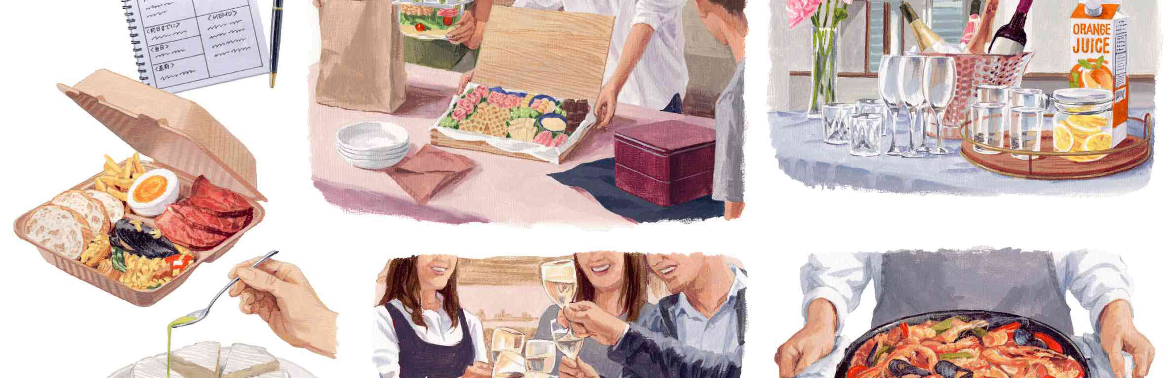  イラスト ポットラック , ドリンクバー , パエリア , カマンベールチーズ , パーティーダイアリー