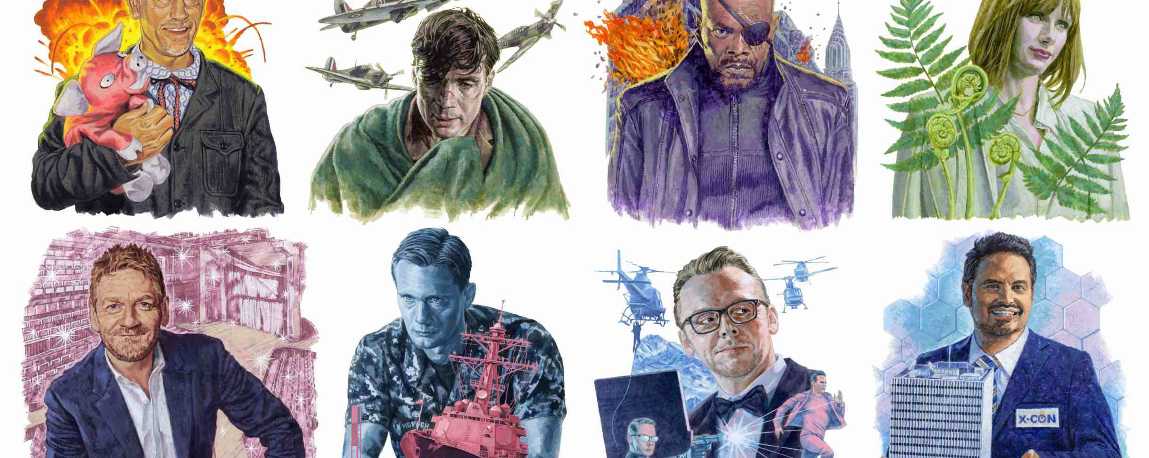 イラスト 「アヴェンジャーズ（サミュエル・L・ジャクソン）」 「ジュラシック・ワールド（ブライス・ダラス・ハワード）  」 ケネス・ブラナー 「アントマン（マイケル・ペーニャ）」 「RED / レッド（ジョン・マルコヴィッチ）」 「ダンケルク（キリアン・マーフィー）」  「ミッション・イン・ポッシブル（サイモン・ペグ）」 「 バトル・シップ（アレクサンダー・スカルスガルド）