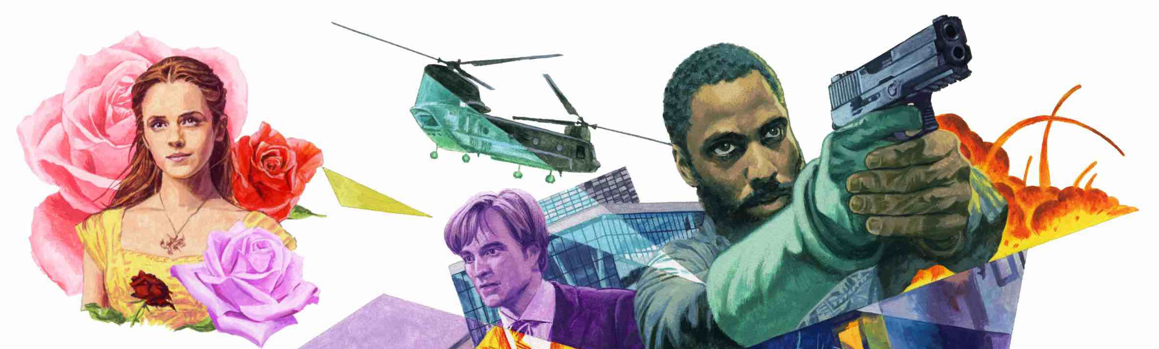 イラスト 「テネット（ジョン・デヴィッド・ワシントン , ロバート・パティソン）」 「トップガン マーヴェリック（トム・クルーズ）」 「美女と野獣（エマ・ワトソン）」