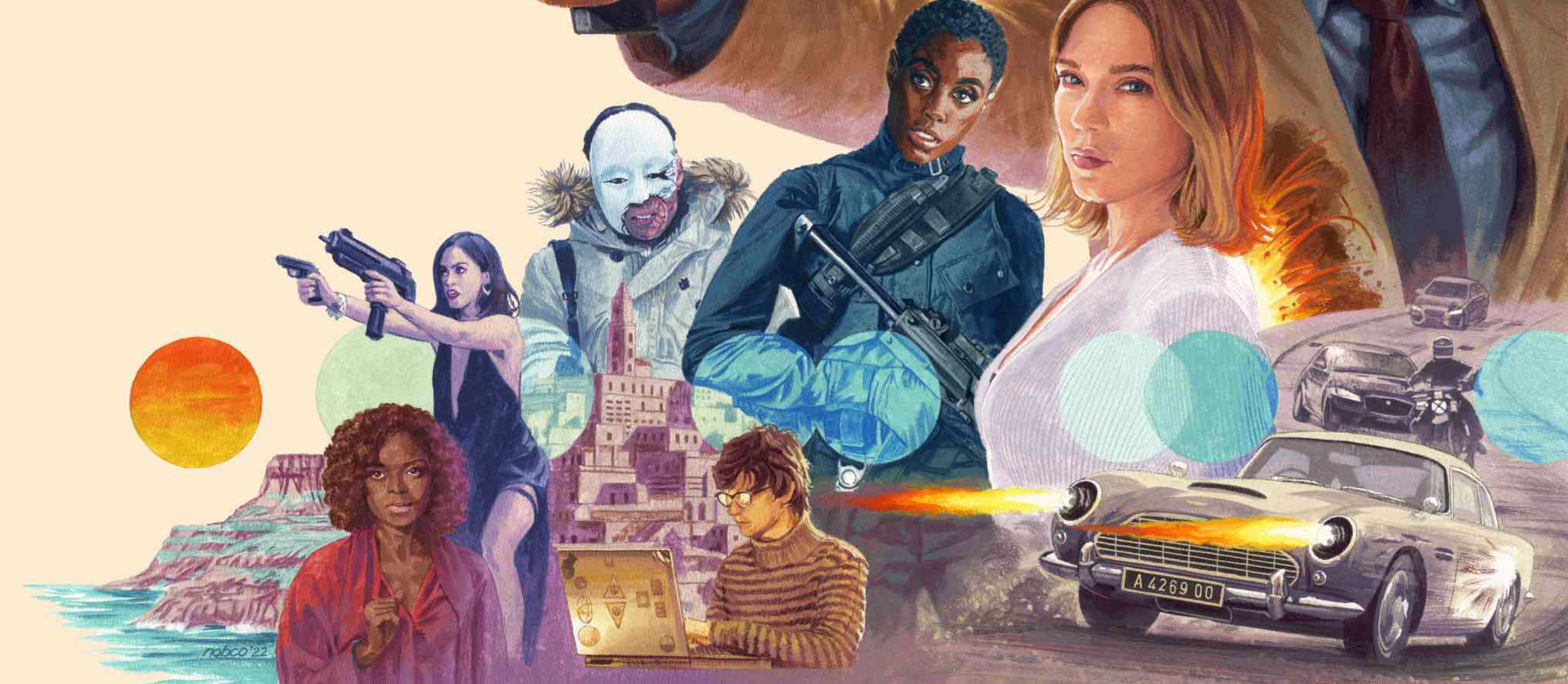 イラスト「 007 NO TIME TO DIE / ノー·タイム·トゥ·ダイ」ダニエル·クレイグ , レア·セドゥ , ラミ·マレック ,  ベン·ウィショー ,  ナオミ・ハリス , アナ・デ・アルマス , アストンマーティン , イラストレーション うえむら のぶこ