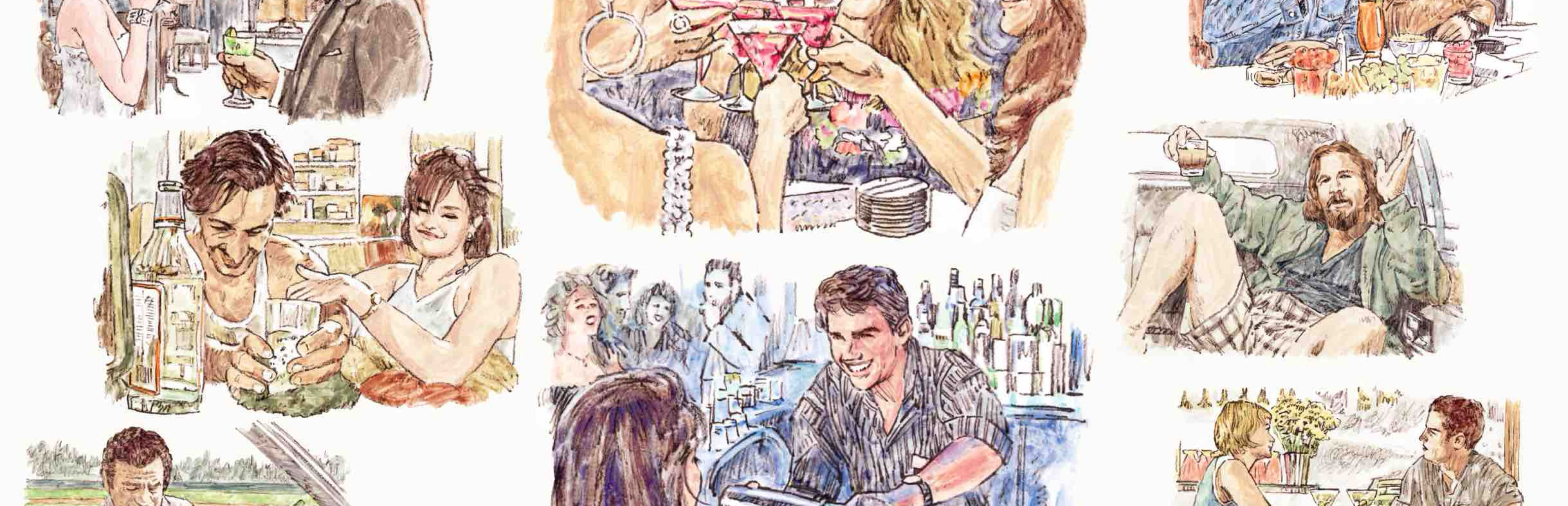 イラスト 「カクテル（トム・クルーズ）」 「セックス・アンド・ザ・シティ（サラ・ジェシカ・パーカー）」 「ベティー・ブルー（ベアトリス・ダル , ジャン＝ユーグ・アングラード）」 「華麗なるギャツビー（トビー・マグワイア , キャリー・マリガン）」 「ビッグ・リボウスキ（ジェフ・ブリッジス）」 「ワンス・アポン・ア・タイム・イン・ハリウッド（レオナルド・ディカプリオ , ブラッド・ピット）」 「テイク・ディス・ワルツ（ミシェル・ウィリアムズ , ルーク・カービー）」「がんばれ!ベアーズ（ウォルター・マッソー）」イラストレーション うえむらのぶこ