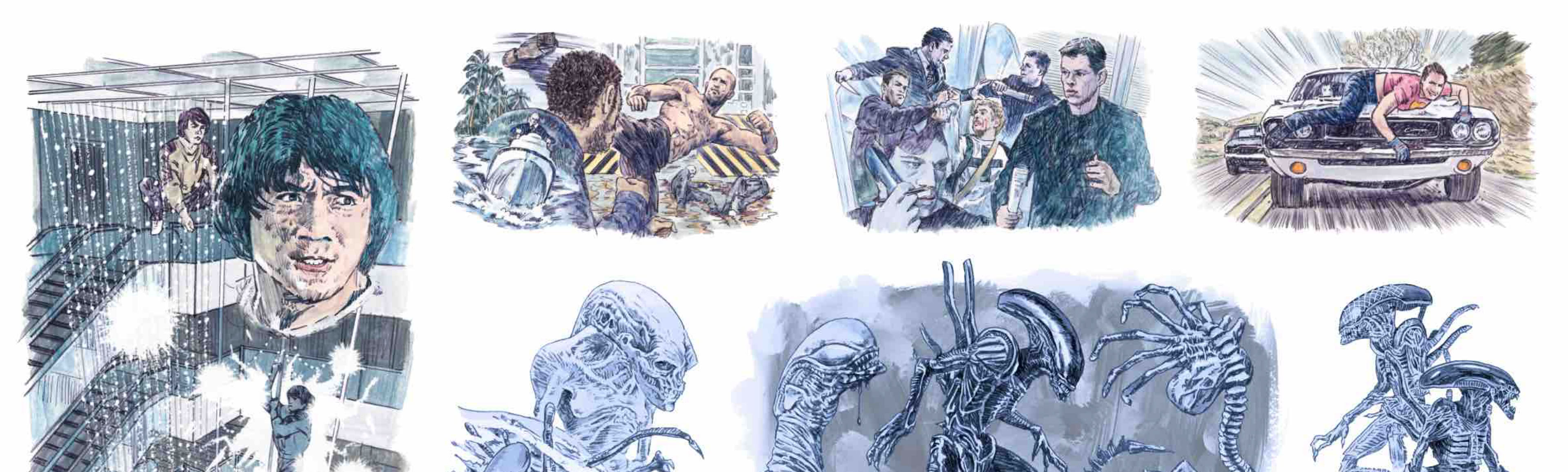 イラスト 『ポリス·ストーリー／香港国際警察（ジャッキー·チェン）』 , 『デス·プルーフ in グラインドハウス（ゾーイ·ベル）』『トランスポーター·シリーズ（ジェイソン·ステイサム）』 , 『ボーン·アイデンティティー·シリーズ（マット·デイモン）』『エイリアン（チェストバスター , ゼノモーフ , エッグチェンバー , フェイスハガー）』 , 『エイリアン２（ウォーリアー , クイーン）』『エイリアン３（ドッグ）』『エイリアン４（ニューボーン , アクア）』『エイリアンVSプレデター（バトル , グリッド）』『エイリアンVSプレデター２（プレデリアン）』『プロメテウス（トリロバイト , ディーコン）』『エイリアン：コヴェナント（プロトモーフ , ネオモーフ）』