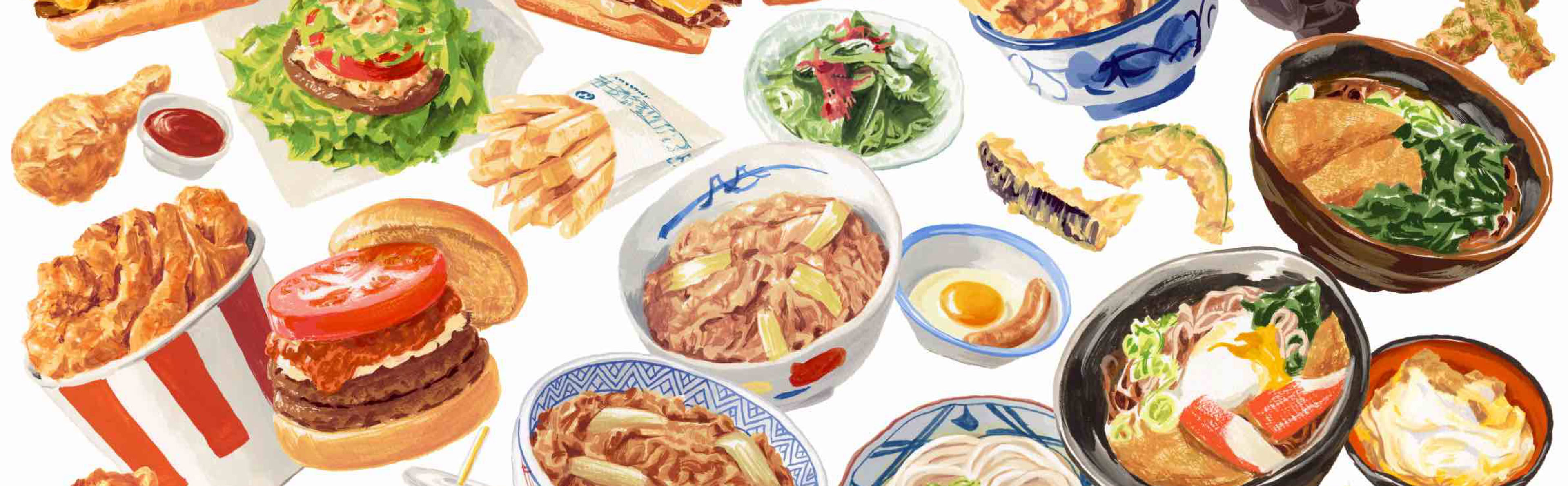 イラスト マクドナルド , モスバーガー , KFC , バーガーキング , 吉野家 , 松屋 , かつ屋 , てんや , 富士そば , 丸亀製麺