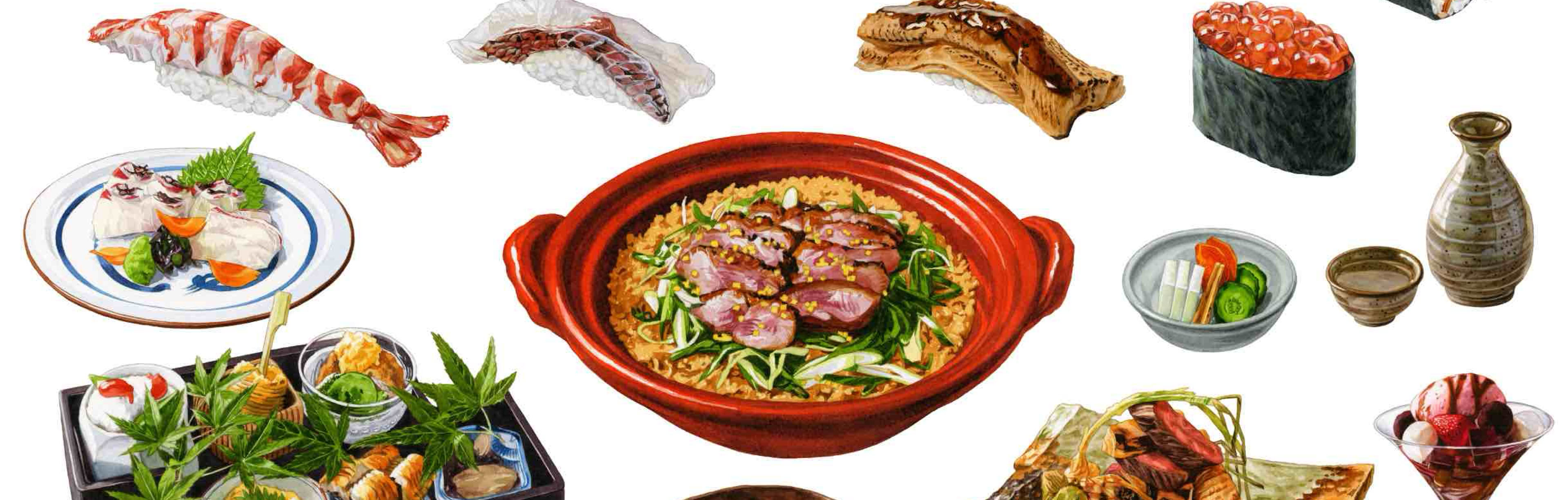 イラストマグロ赤身 , コハダ ,  トロ , 穴子 , えび , 鯛 , イカ , 干瓢巻き , いくら軍艦