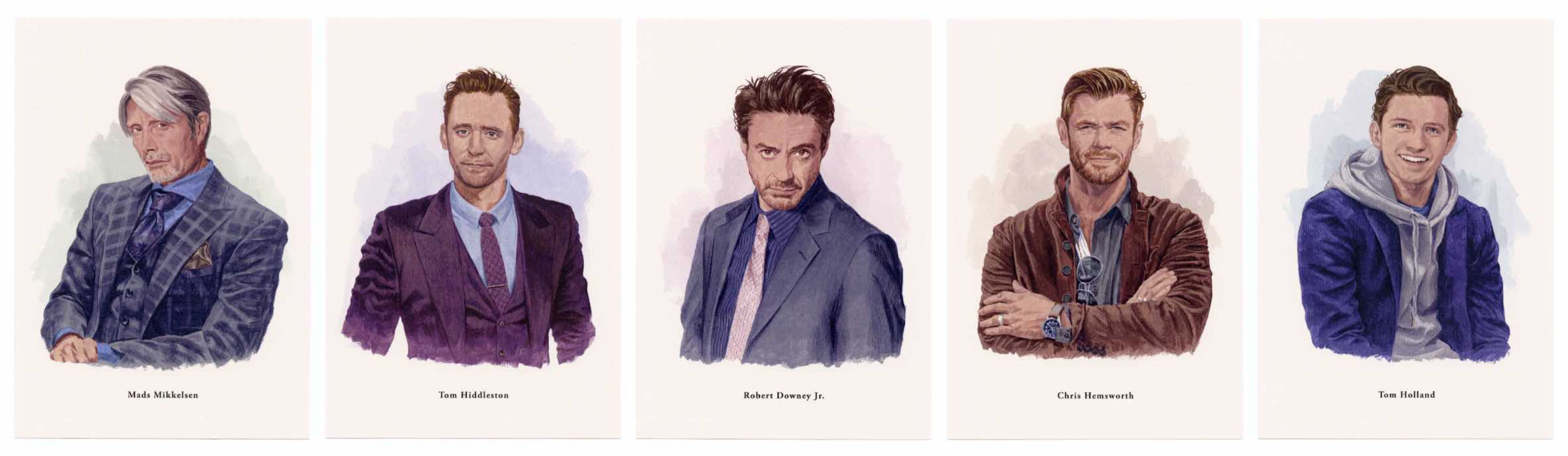 イラスト マッツ・ミケルセン , トム・ヒドルストン , ロバート・ダウニー・Jr. , クリス・ヘムズワース , トム・ホランド イラストレーション うえむら のぶこ