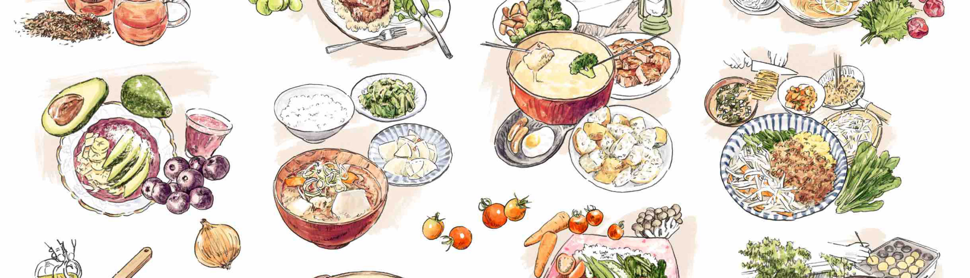 イラスト 梅干しそうめん , ビビンパ丼 , カレー , チーズフォンデュ , べランピング , 屋台メシ