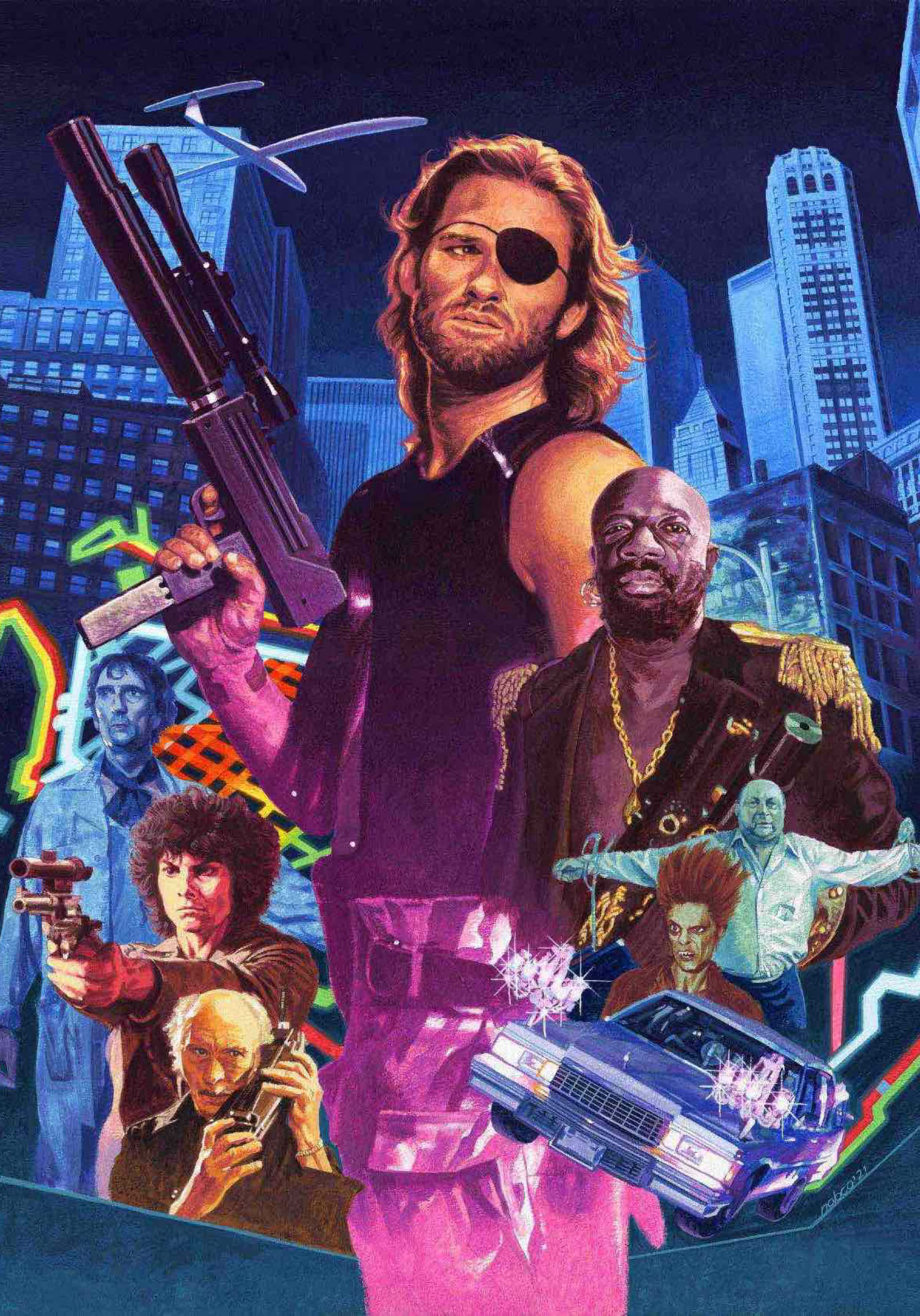 イラスト  「ニューヨーク1997 / Escape From New York」 カート・ラッセル , アイザック・ヘイズ , リー・ヴァン・クリーフ , ドナルド・プレサンス , ハリー・ディーン・スタントン , エイドリアン・バーボー , フランク・ダブルディ , キャデラック イラストレーション うえむらのぶこIllustration Nobuko Uemura