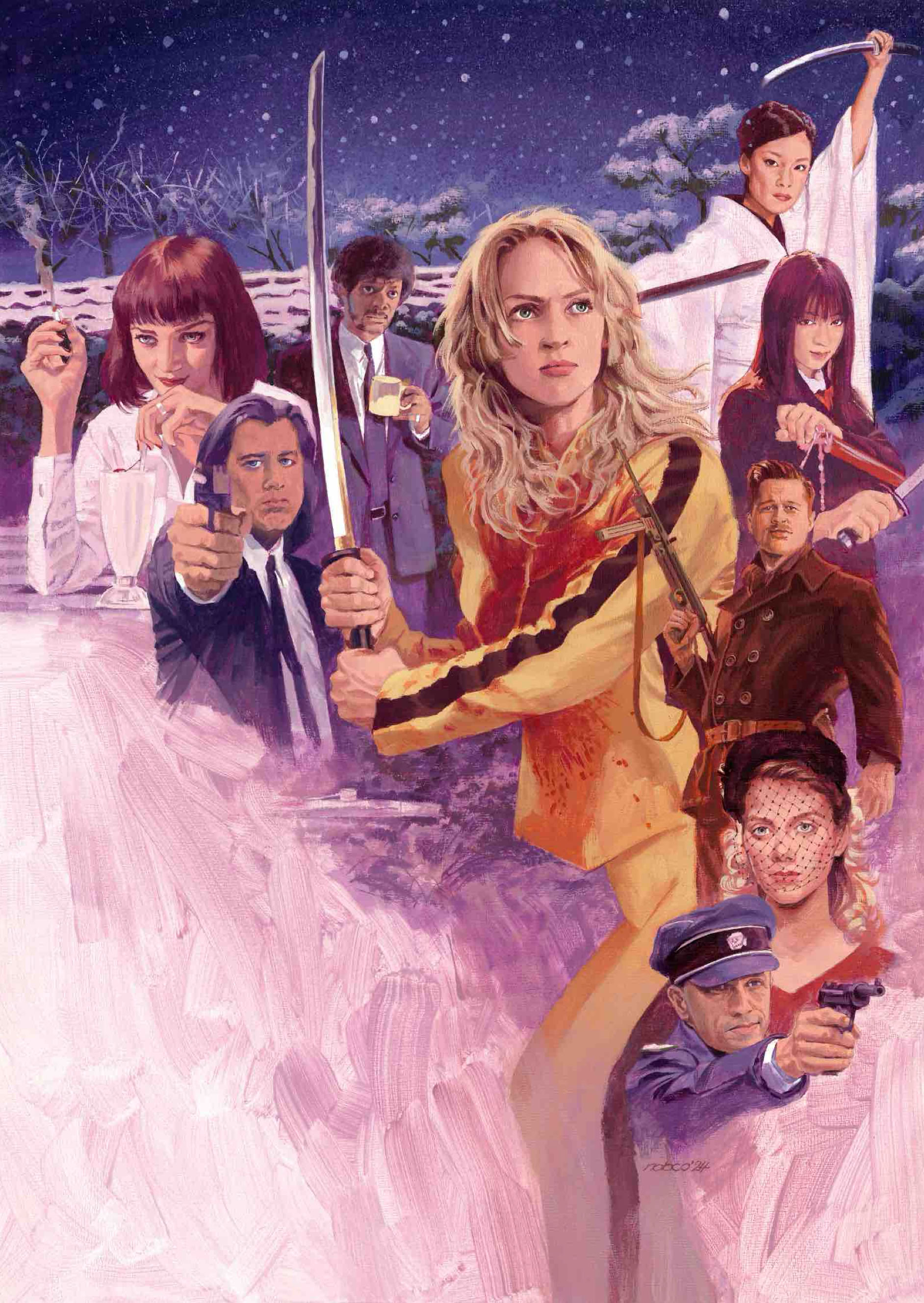 イラスト 『キル·ビル（ユマ·サーマン , ルーシー·リュウ , 栗山千明）』『パルプ·フィクション（ユマ·サーマン , ジョン·トラボルタ , サミュエル·L·ジャクソン）』『イングロリアス·バスターズ（ブラッド·ピット , クリストフ·ヴァルツ , メラニー·ロラン）』『ジャンゴ 繋がれざる者（レオナルド·ディカプリオ）』