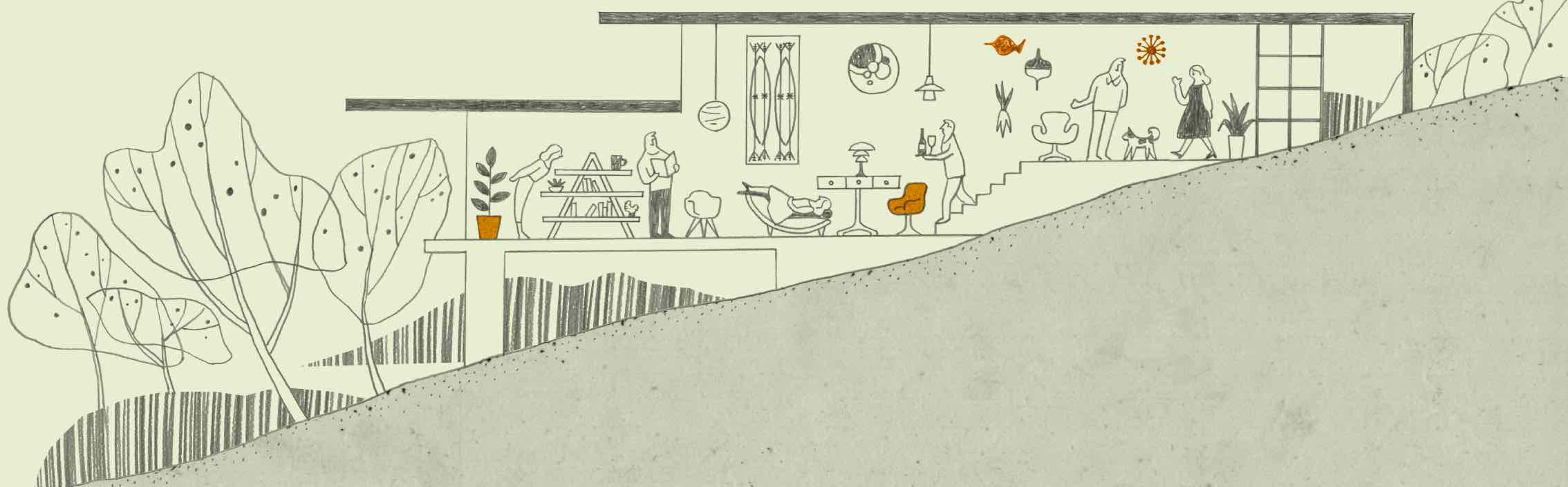 ムック onKuL オンクル 2024 vol.21 「MID-CENTURY THE GUIDE TO A NEW STYLE ミッドセンチュリー、京都」中面 見開き 「京都モダン建築とミッドセンチュリー」イラスト