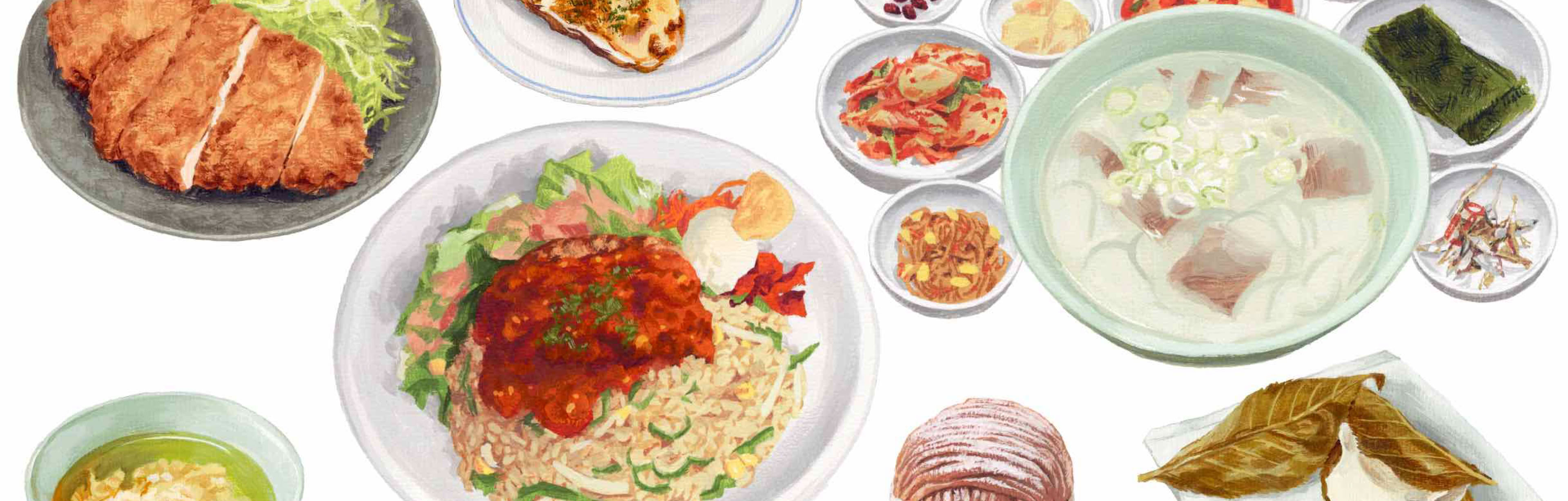 イラスト MOGA cafe（ハンバーグピラフ） , 赤坂一龍別館（ソルロンタン） ,  アンジェリーナ（モンブラン） , 東京都武蔵野市（牡蠣グラタン） , とりかつCHIKEN（とりかつ） , お座敷天ぷらおかめ（煎茶天茶漬け） , 長命寺桜もち山本や（桜もち）