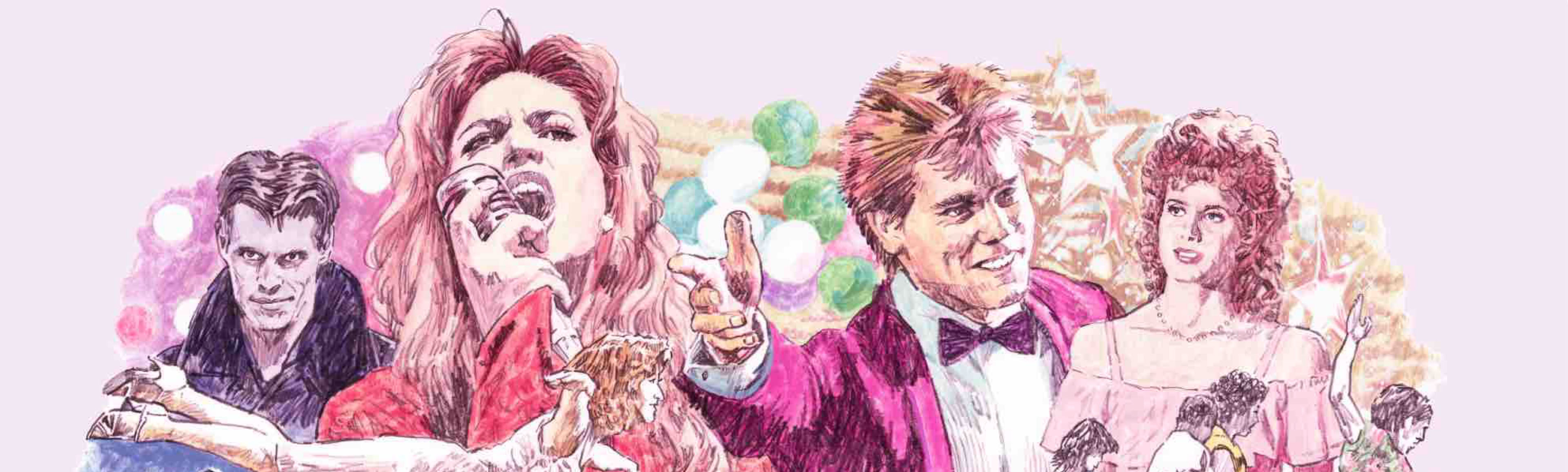 イラスト「フラッシュダンス（ジェニファー・ビールズ）」 「ダーティー・ダンシング（ジェニファー・グレイ , パトリック・スウェイジ）」 「ストーリート・オブ・ファイヤー（ダイアン・レイン , ウィレム・デフォー）」 「フットルース（ケヴィン・ベーコン , ロリ・シンガー）」 「フェーム（アイリーン・キャラ）」 イラストレーション うえむら のぶこ